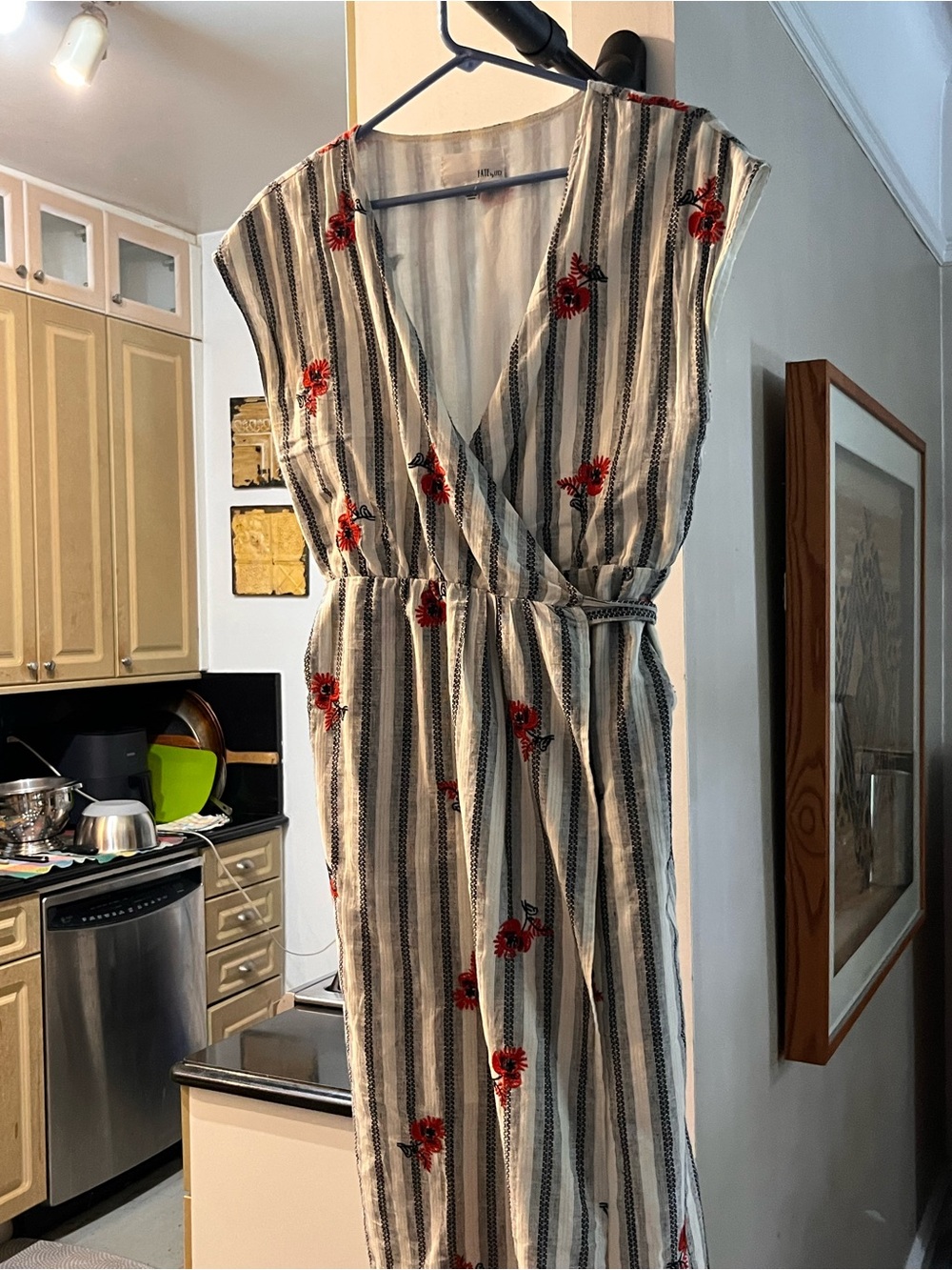 Striped Wrap Maxi Dress with Red Floral Embroidery